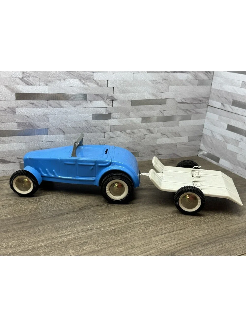 1960's Buddy L Ford Roadster with Motorcycle Trailer Pressed Steel Hot Rod Car